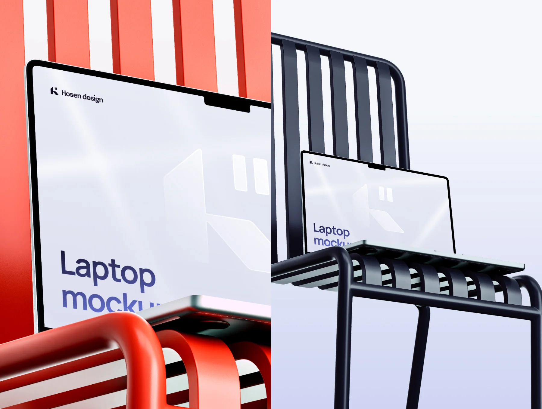 Laptop mockup — Scene with a metal chair 2