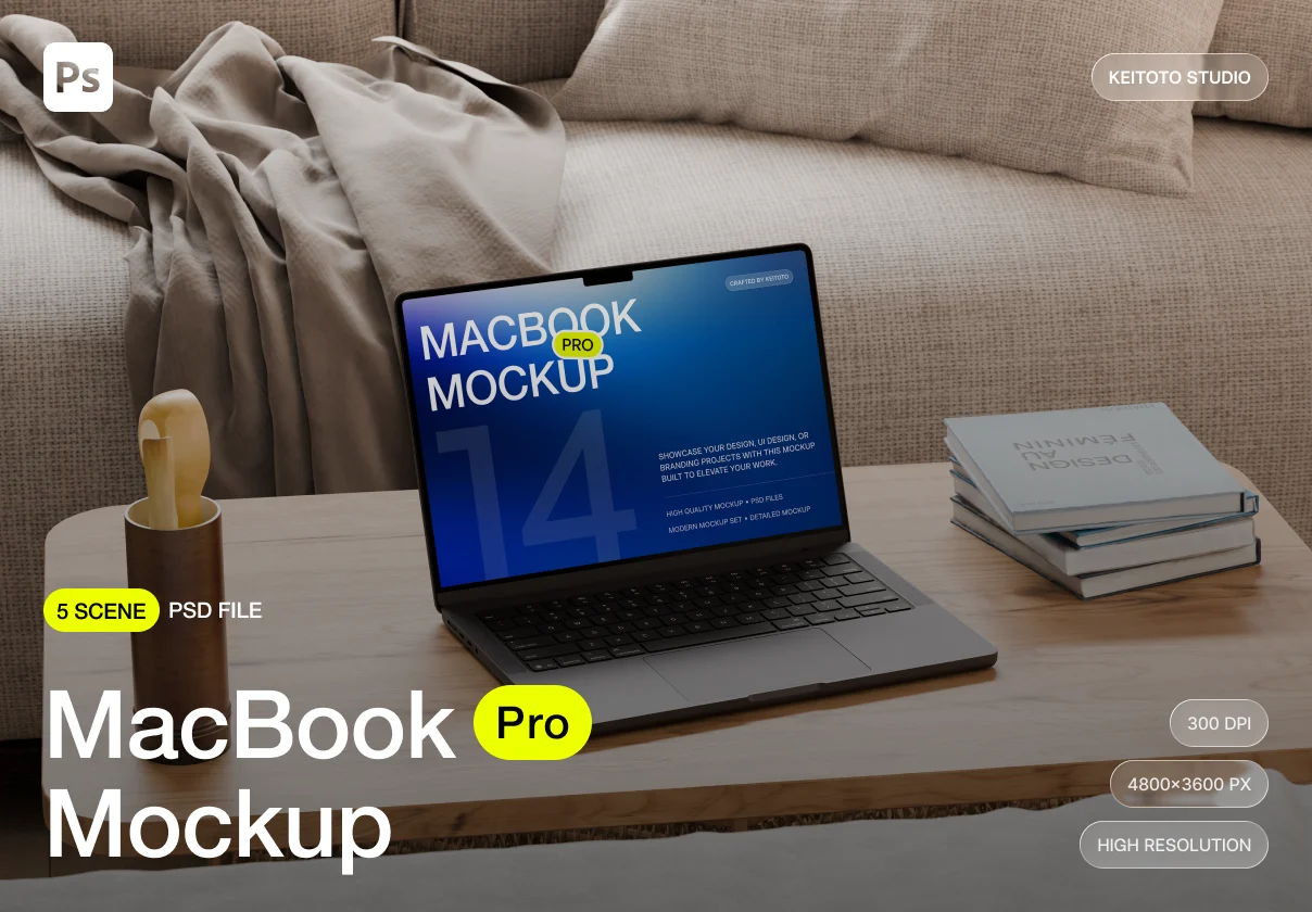 MacBook Pro M5 Mockup High Resolution Cozy Room Scene
