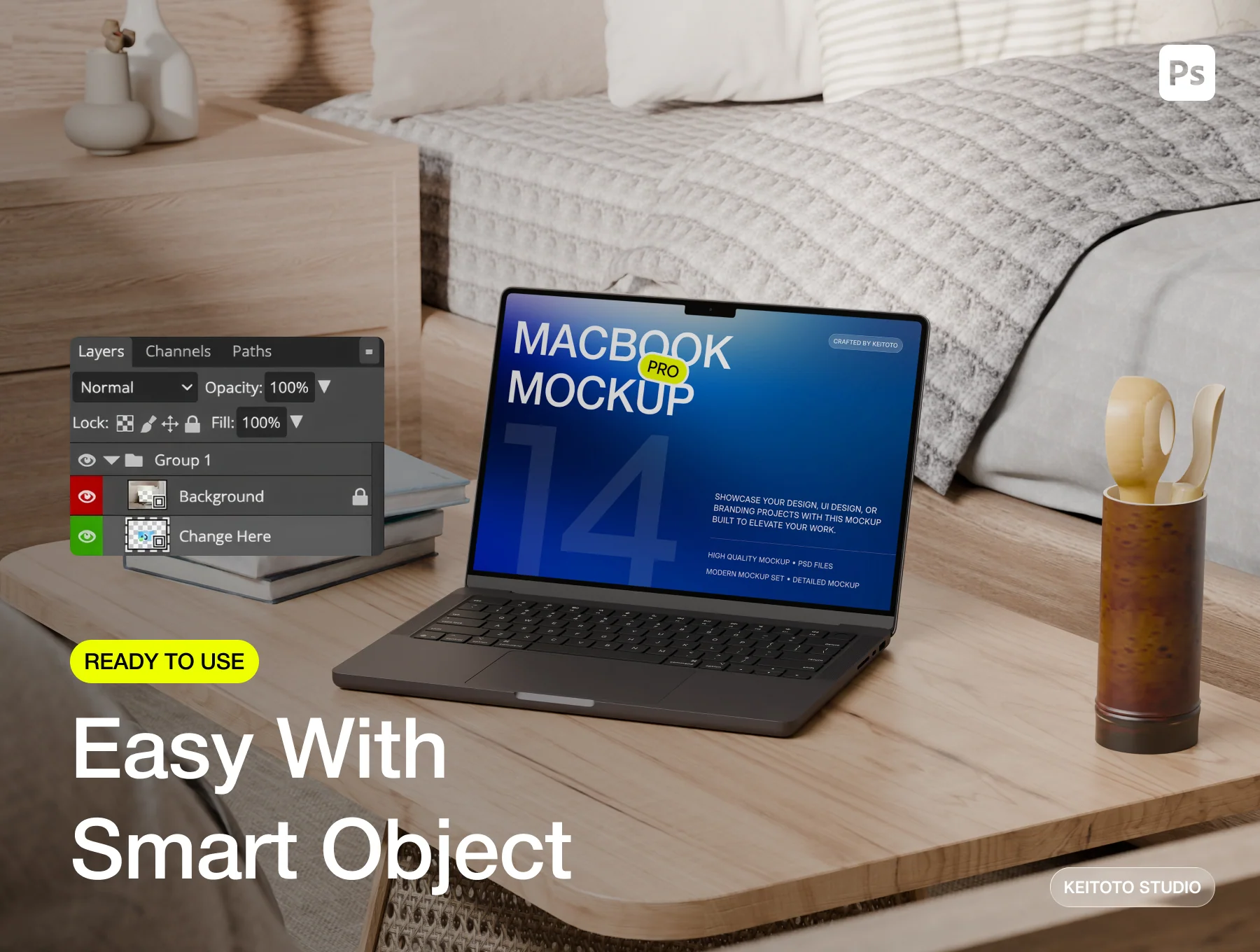 MacBook Pro M5 Mockup High Resolution Cozy Room Scene 3