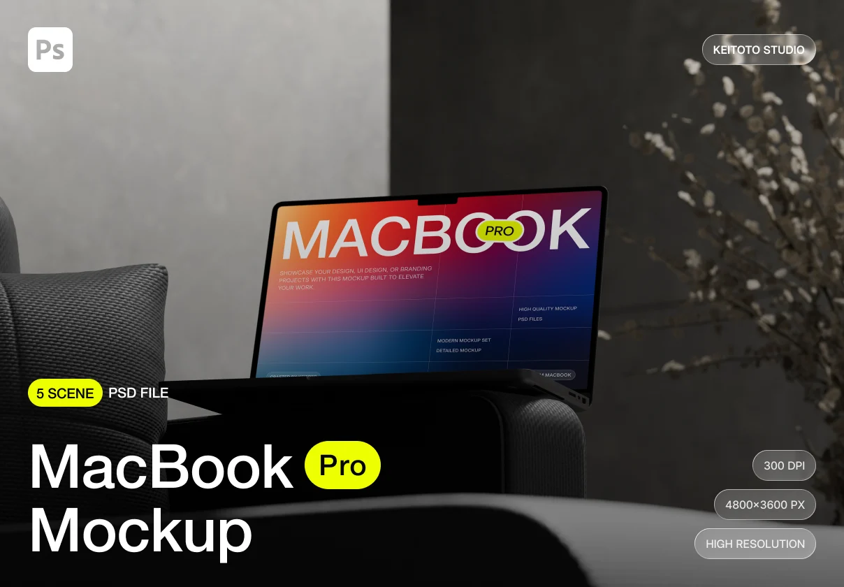 MacBook Pro M5 Mockup Realistic Dark Interior Workspace