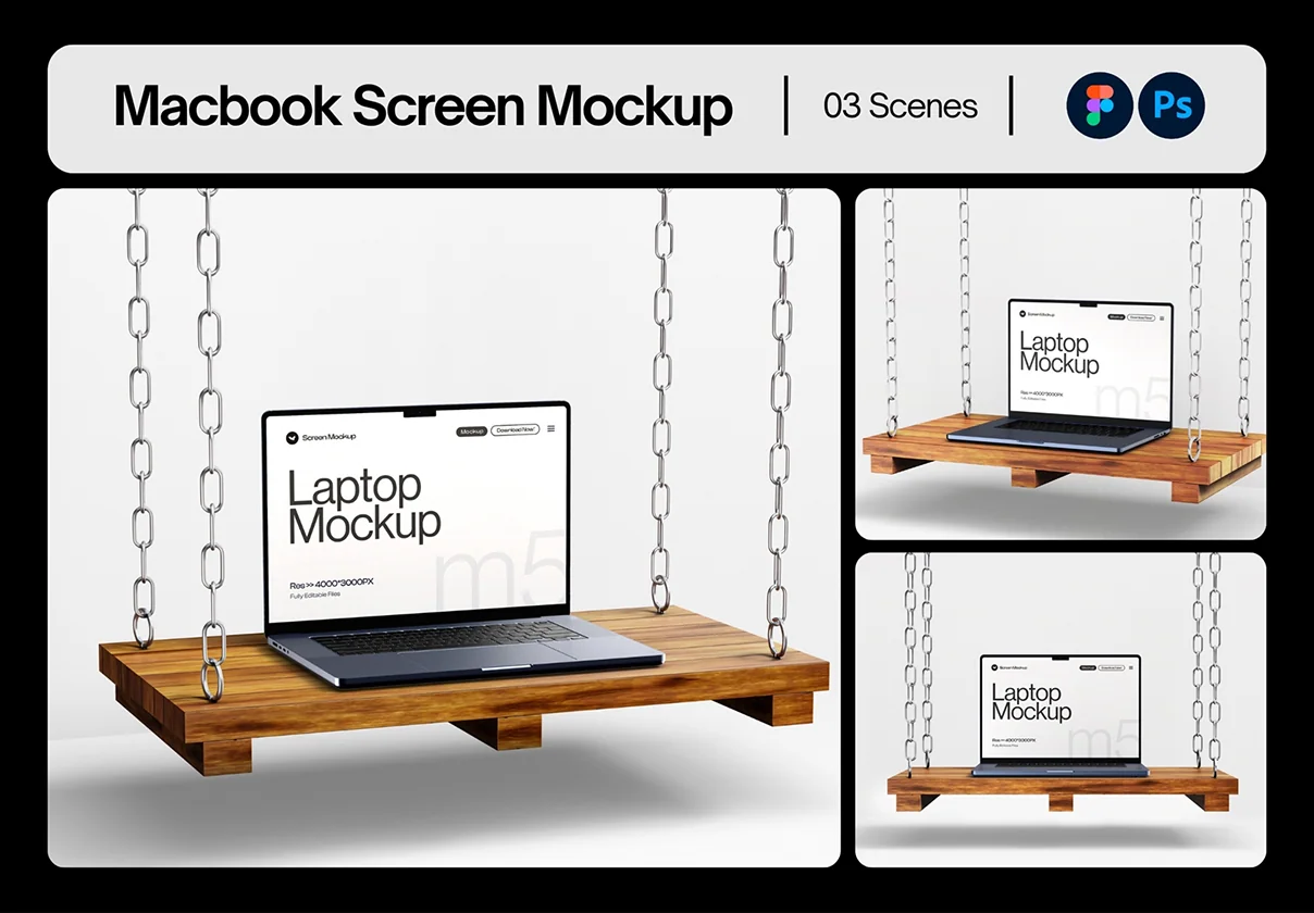 Macbook Pro Screen Mockup Set on Wooden Swing - 03 Scene