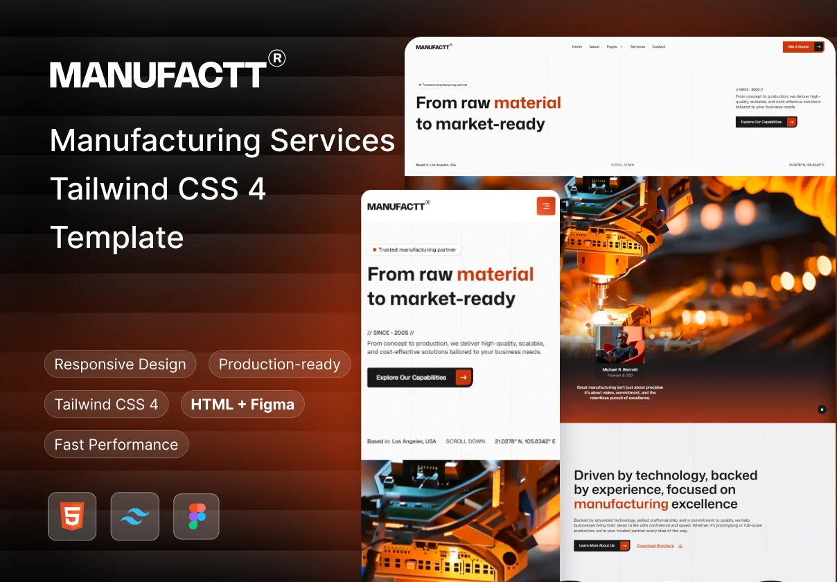 Manufactt - Manufacturing Services Website TailwindCSS 4 HTML & Figma Template