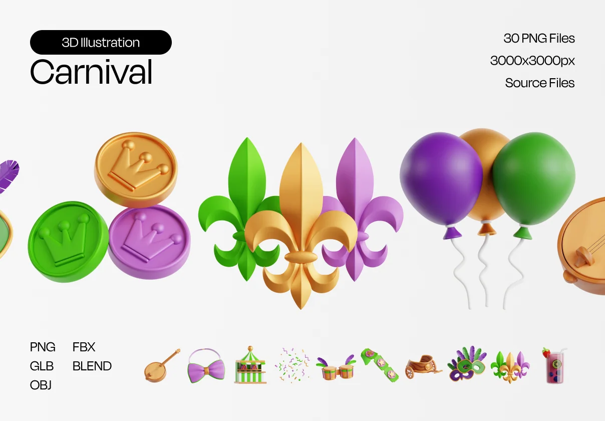 Mardi Gras Carnival 3D Icon Set