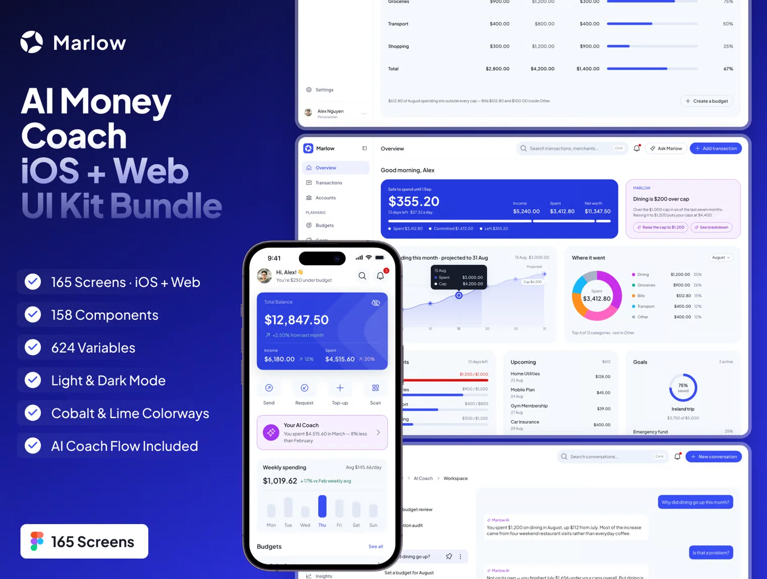 Marlow — AI Money Coach iOS + Dashboard UI Kit Bundle
