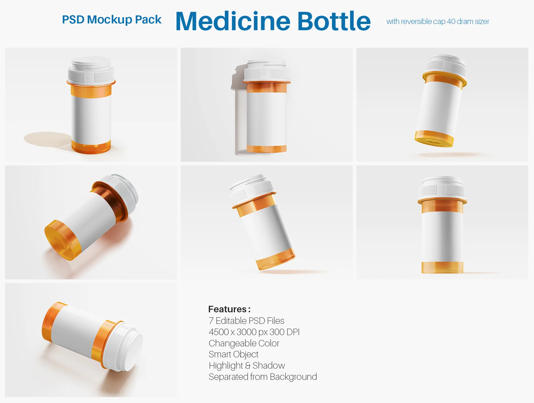 Medicine Bottle with Reversible Cap PSD Mockup Set 2