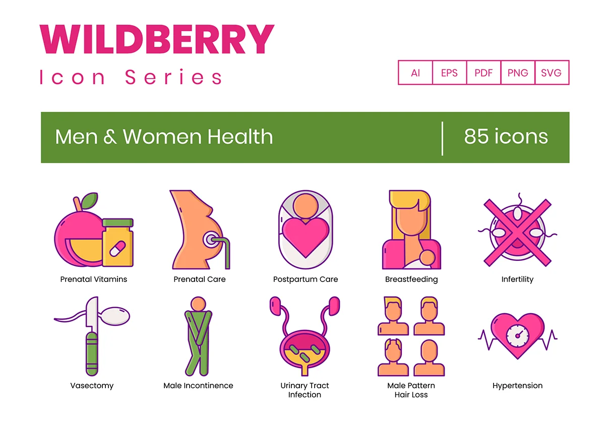 85 Men & Women Health Icons | Wildberry Series
