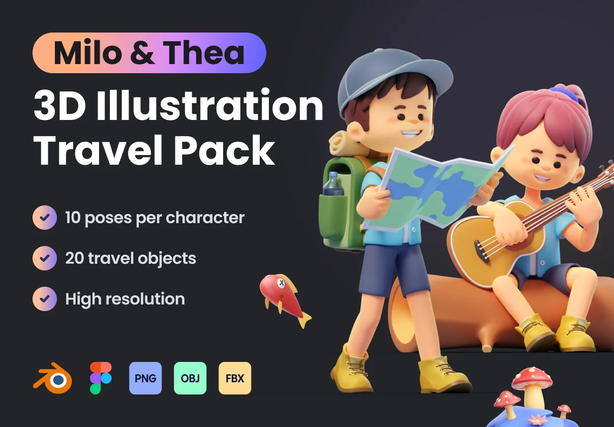 Milo & Thea: 3D Illustration Travel Pack