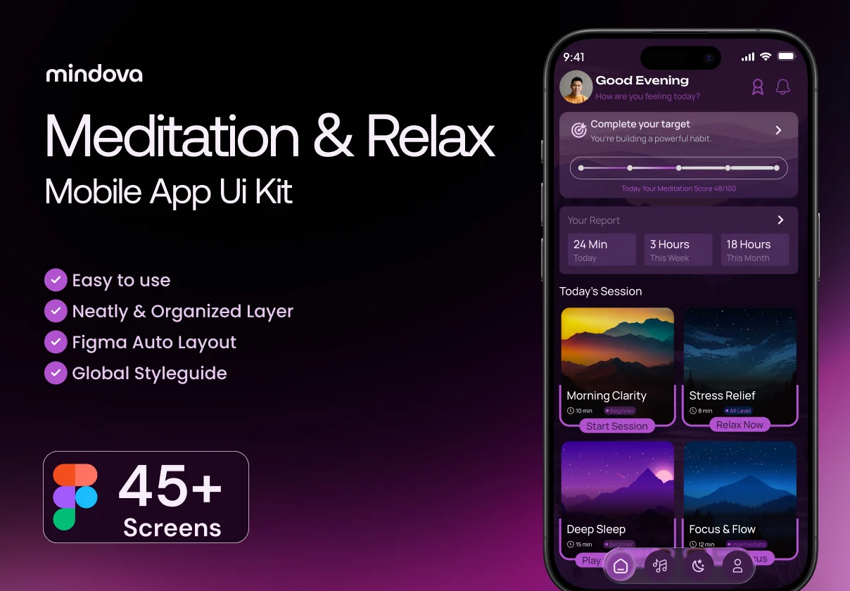 Mindova – Meditation & Relax Mobile App Figma UI Kit