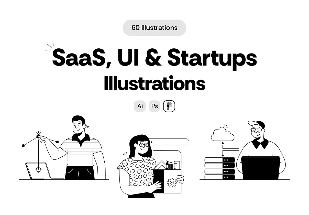 60 Modern Flat Line Illustrations for SaaS, UI & Startups