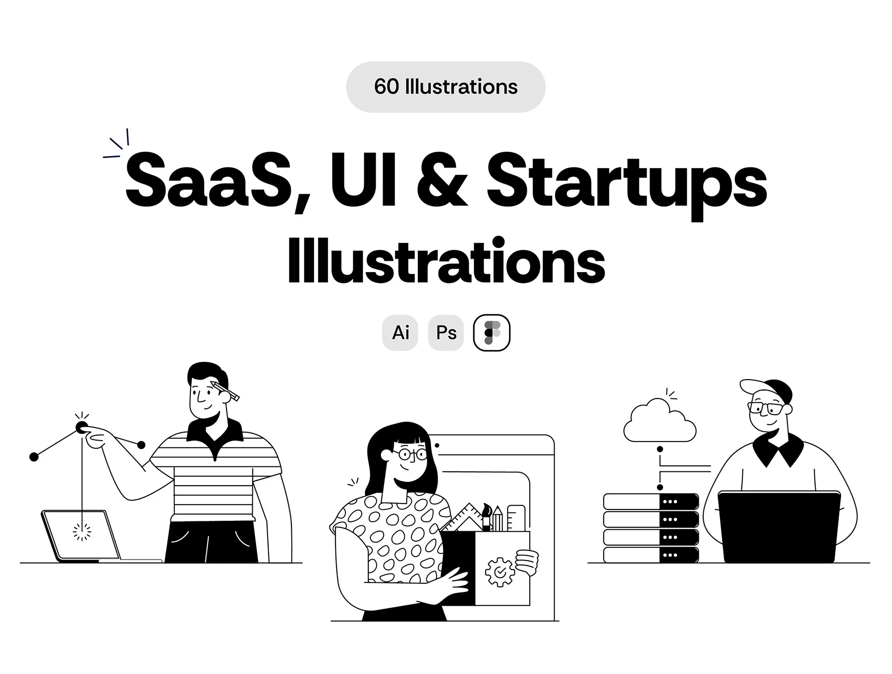 60 Modern Flat Line Illustrations for SaaS, UI & Startups