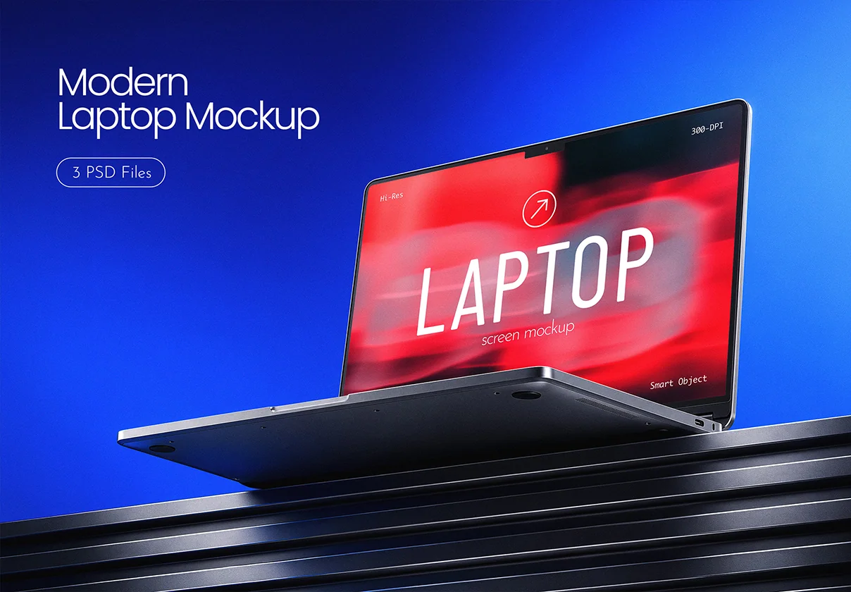 Modern Laptop Mockup – 3 Editable PSD Scenes