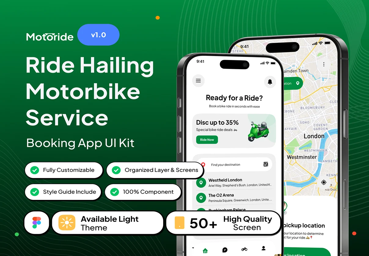 Motoride - Ride Hailing Motorbike Service App UI Kit