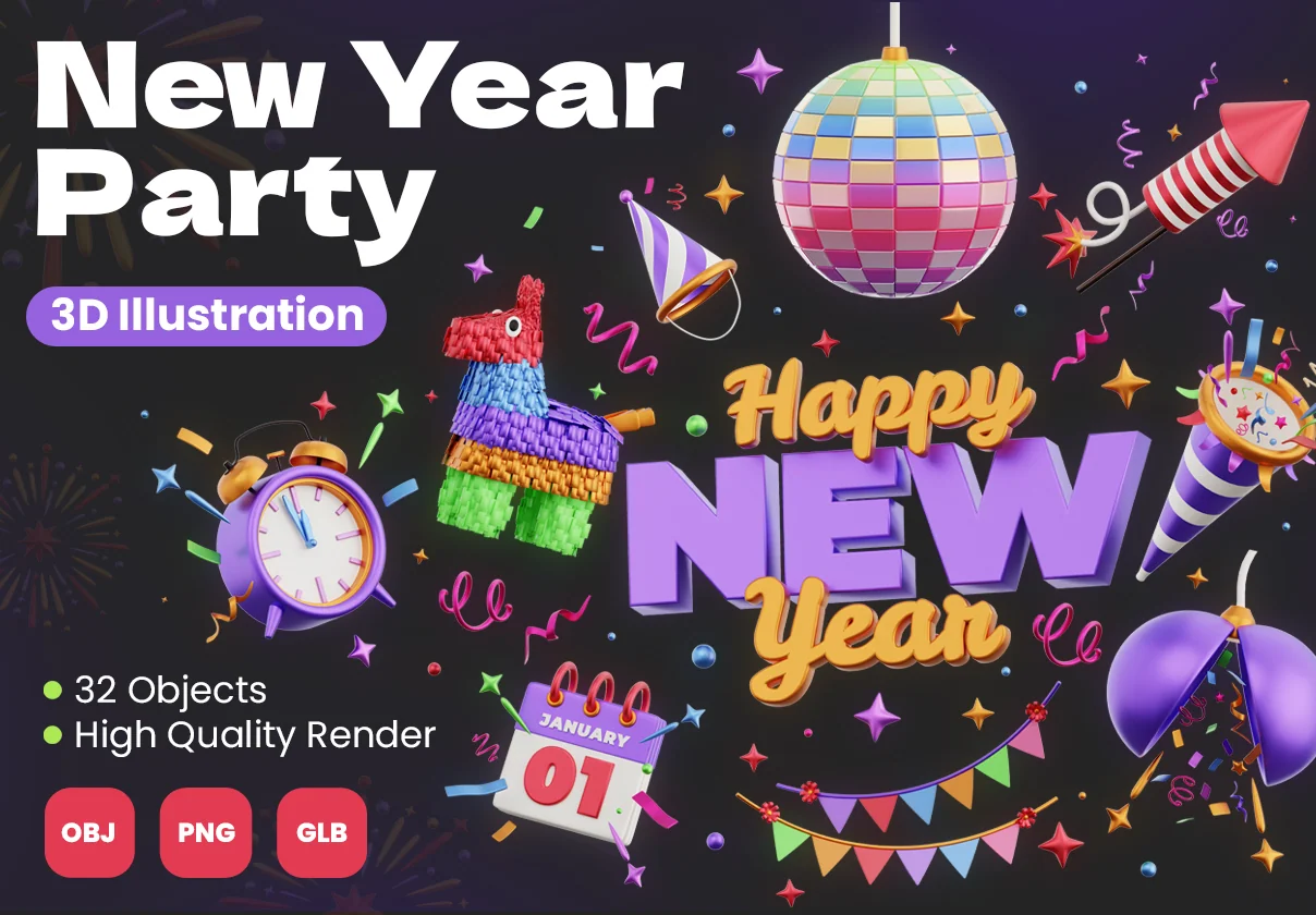 New Year Party 3D Icons