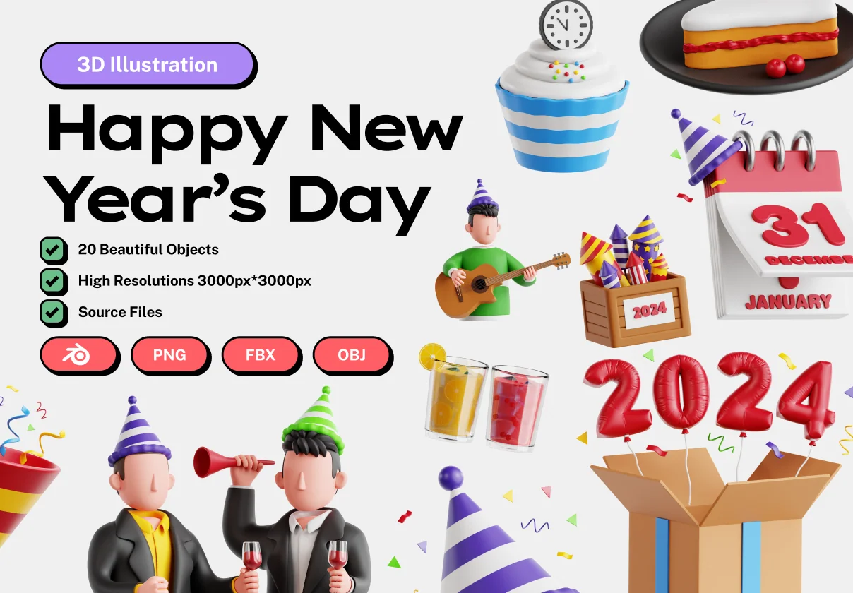 New Year’s Day 3D Icon Set
