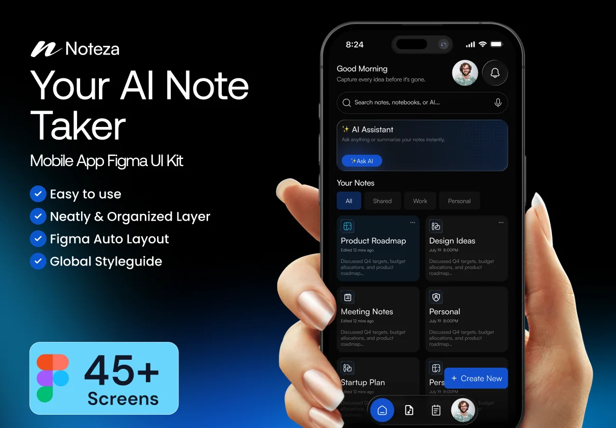 Noteza – Your AI Note Taker Mobile App Figma UI Kit
