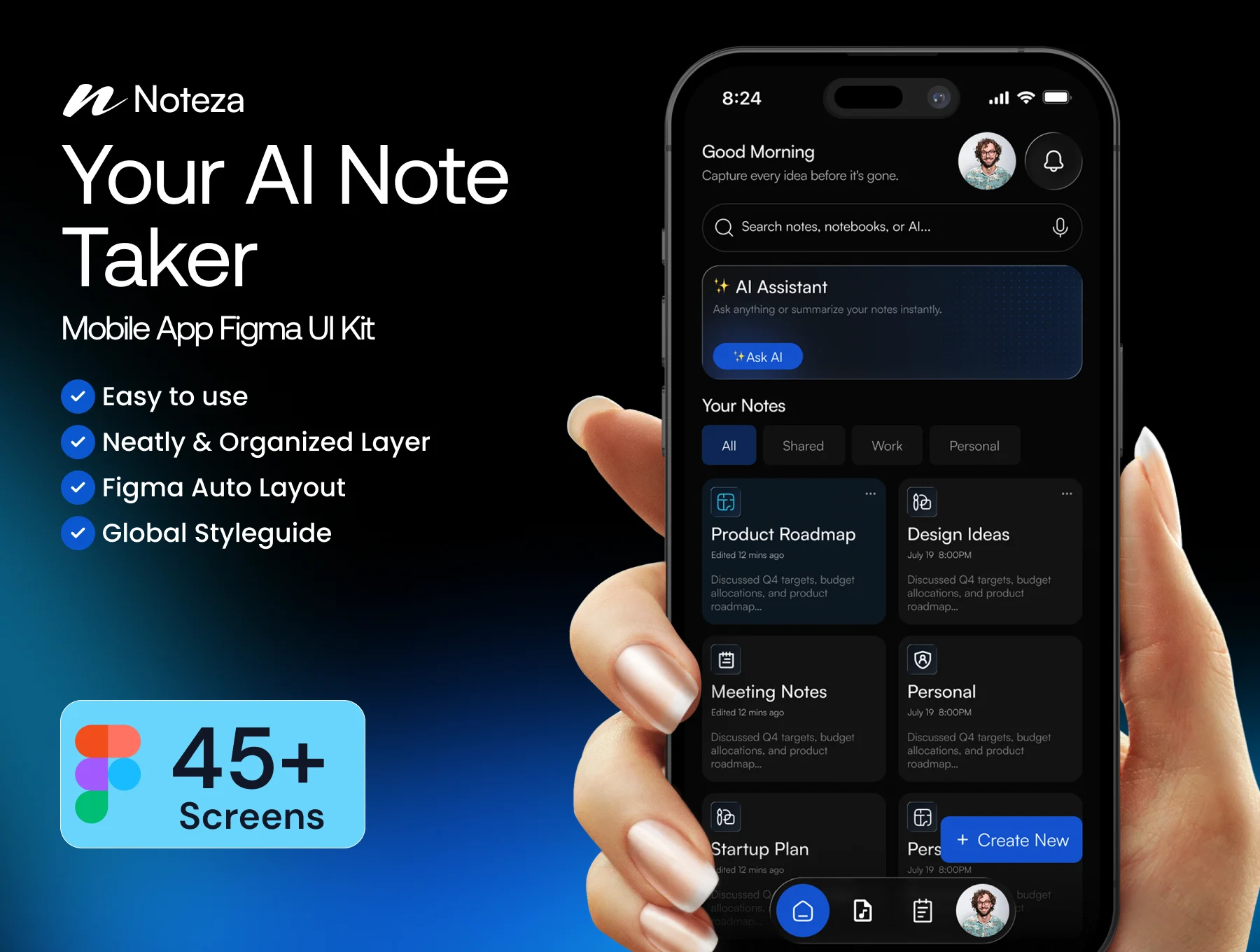 Noteza – Your AI Note Taker Mobile App Figma UI Kit