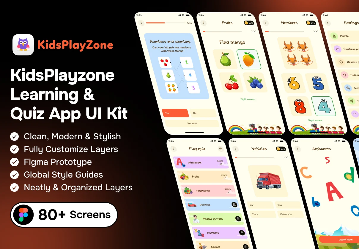 KidsPlayzone - Learning and Quiz App UI Kit