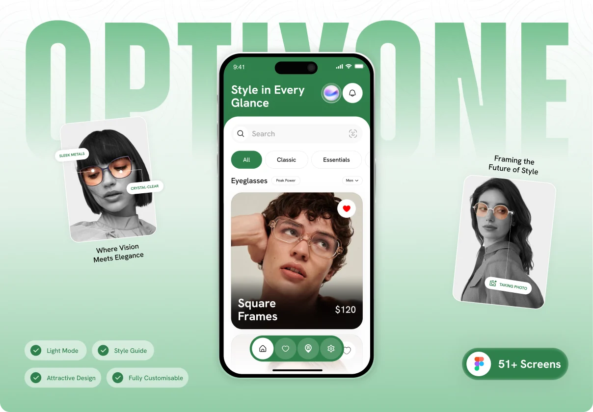 OptixOne – Figma Eyewear App UI Kit | Mobile Ecommerce Glasses Store Template