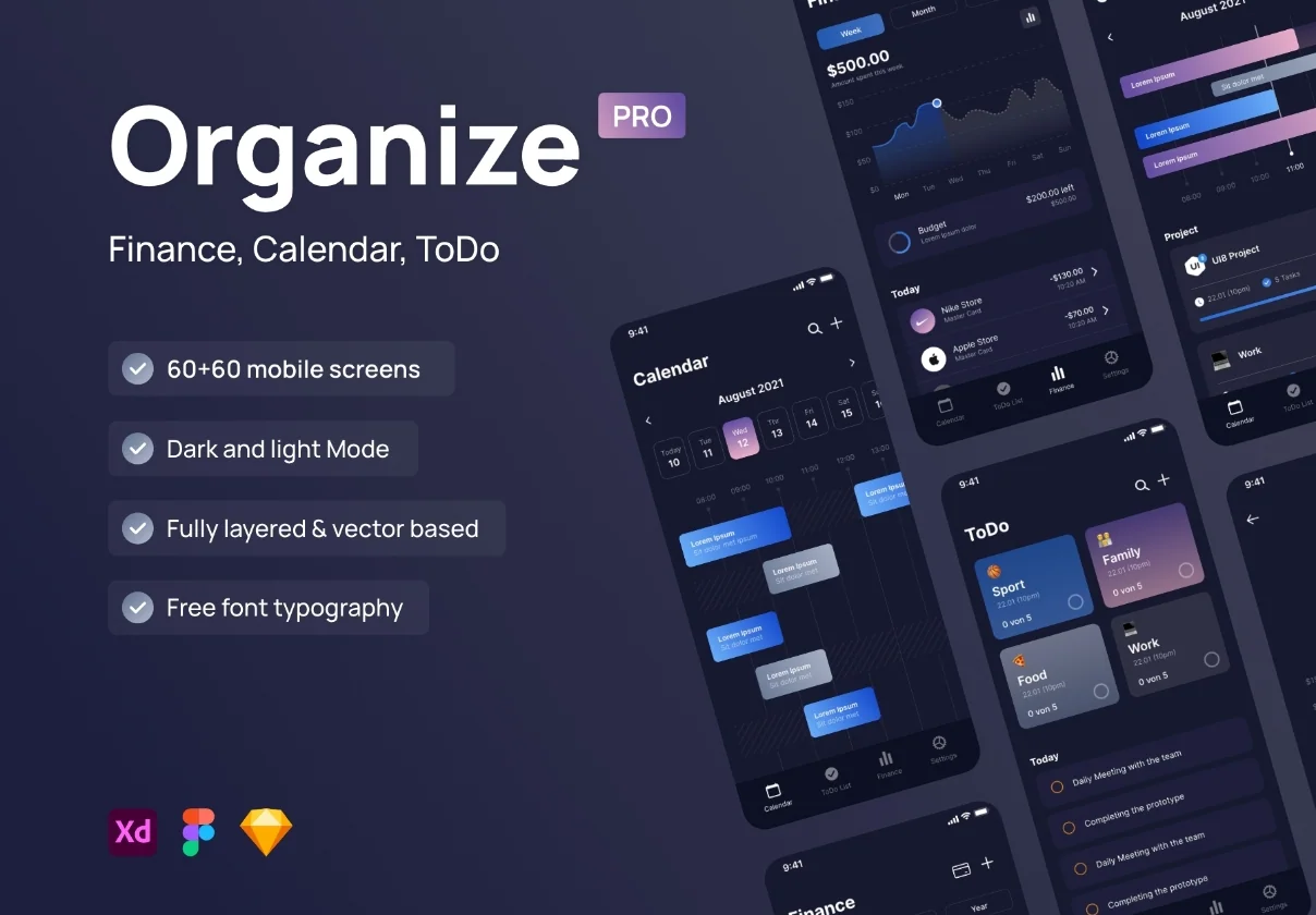 Finance, Calendar & To-Do App UI Kit – Organize Pro