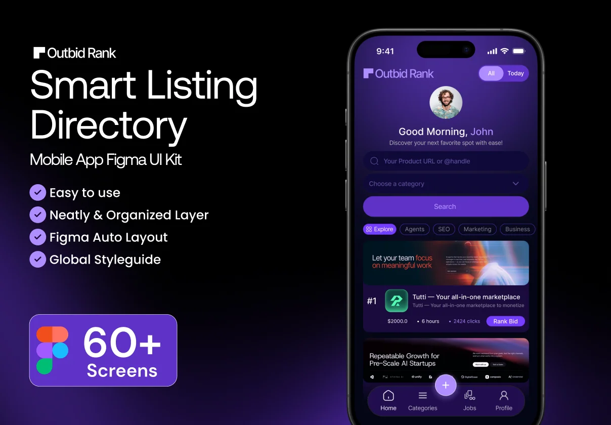 Outbid Rank- Smart Listing Directory Mobile App Figma UI Kit