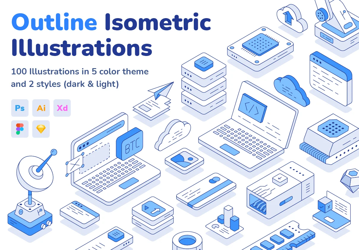 Outline isometric illustration set