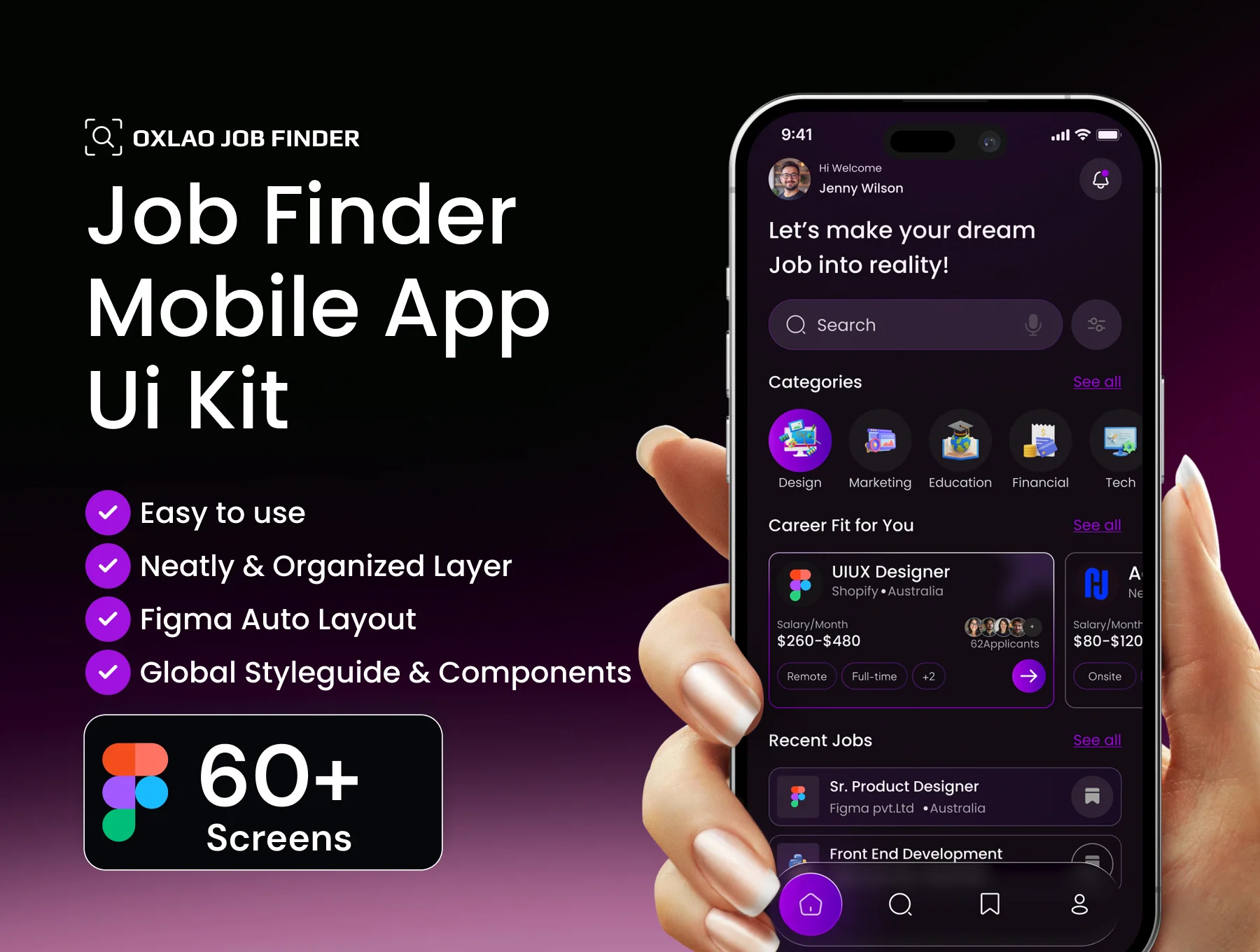Oxlao Job Finder Mobile App UI kit