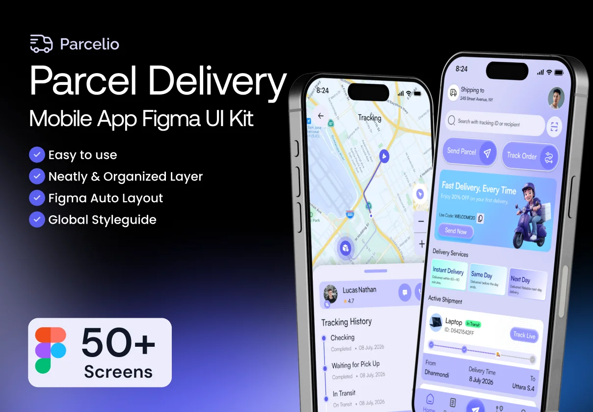 Parcelio – Parcel Delivery Mobile App Figma UI Kit