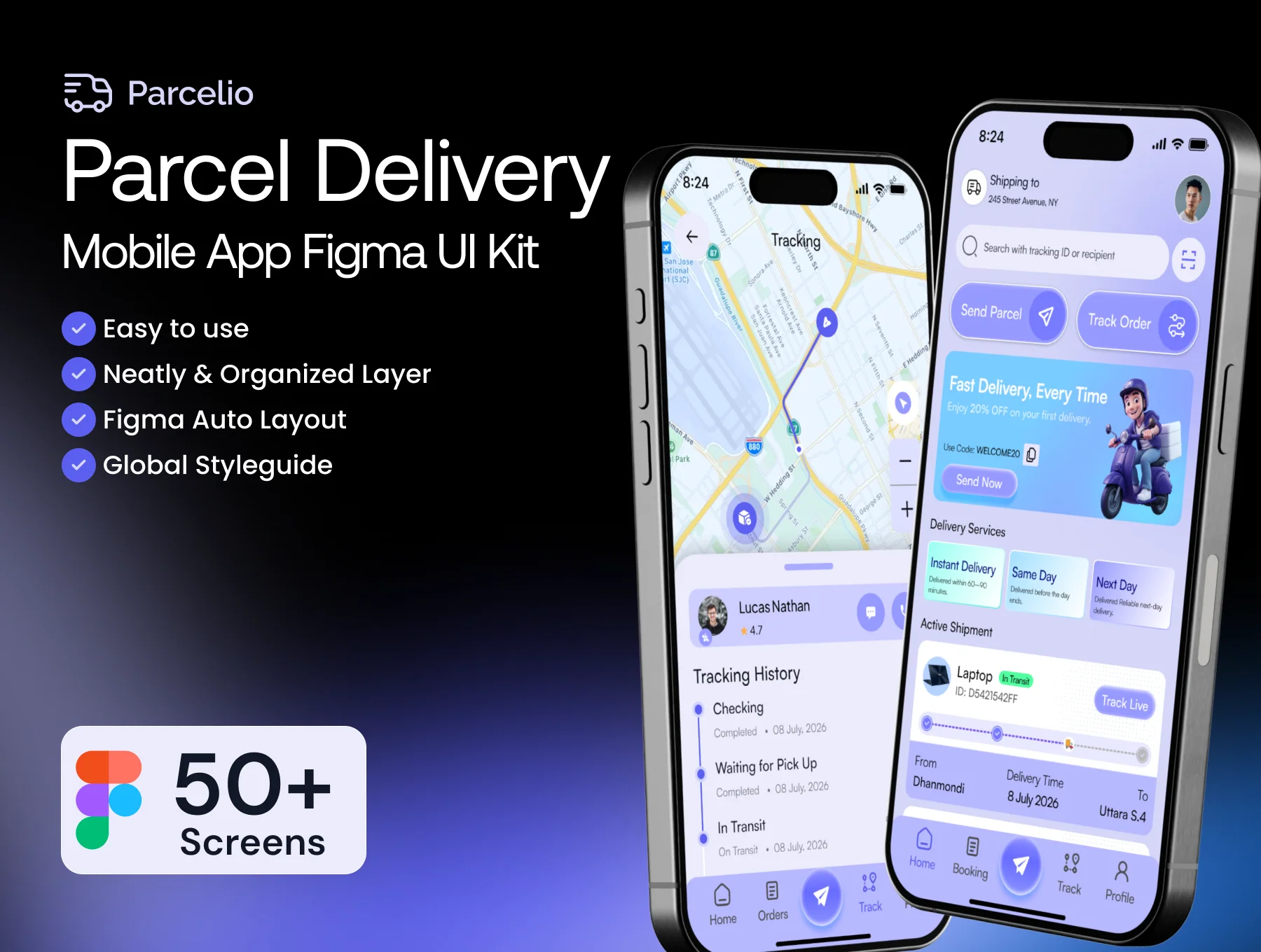 Parcelio – Parcel Delivery Mobile App Figma UI Kit