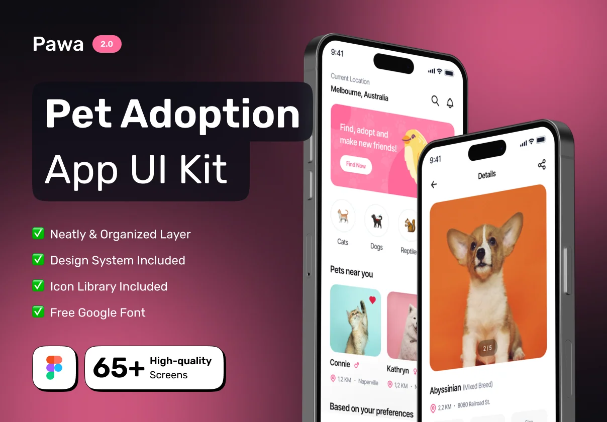 PAWA - Pet Adoption Premium Mobile App UI Kit