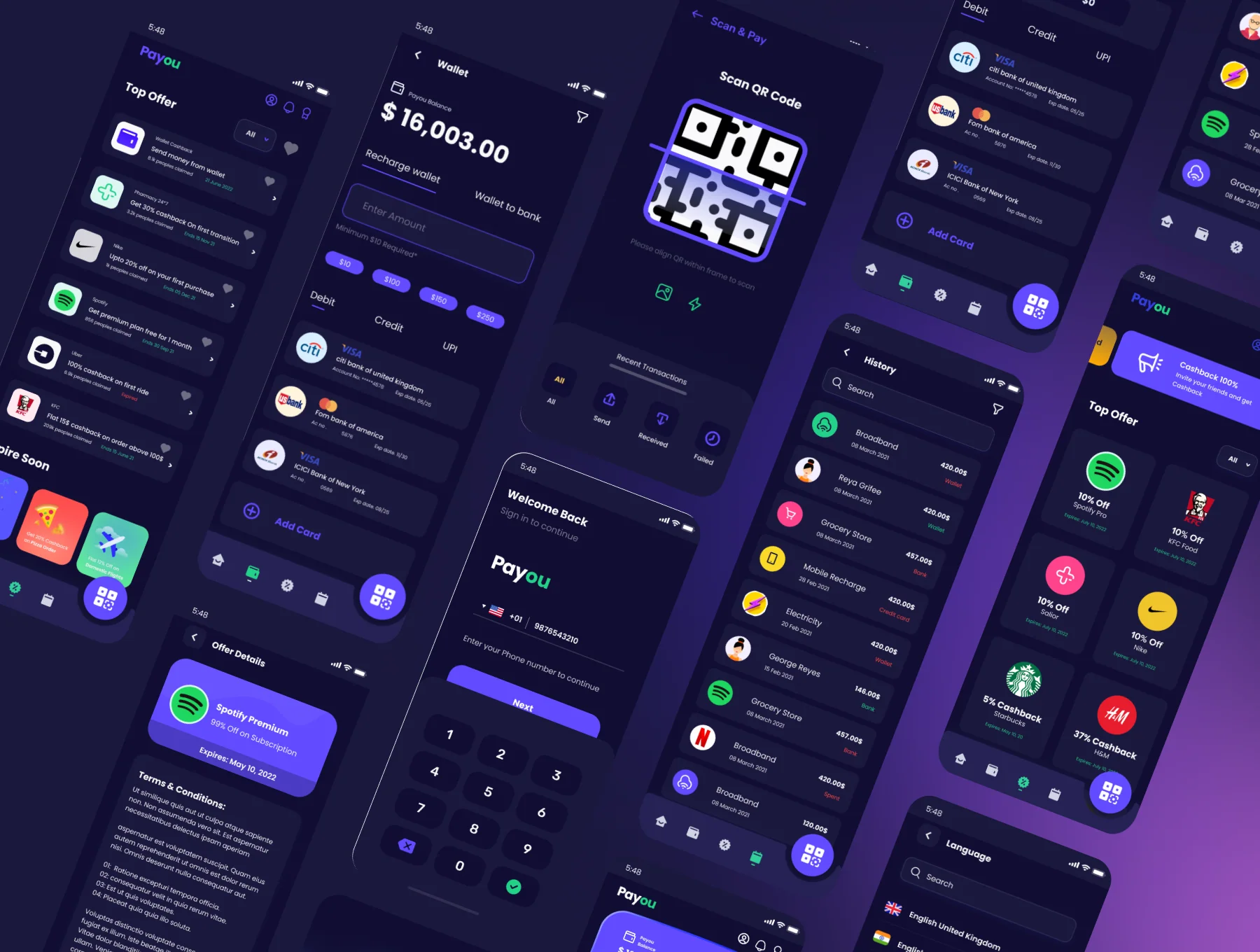 Payou digital wallet app Dark UI kit 5