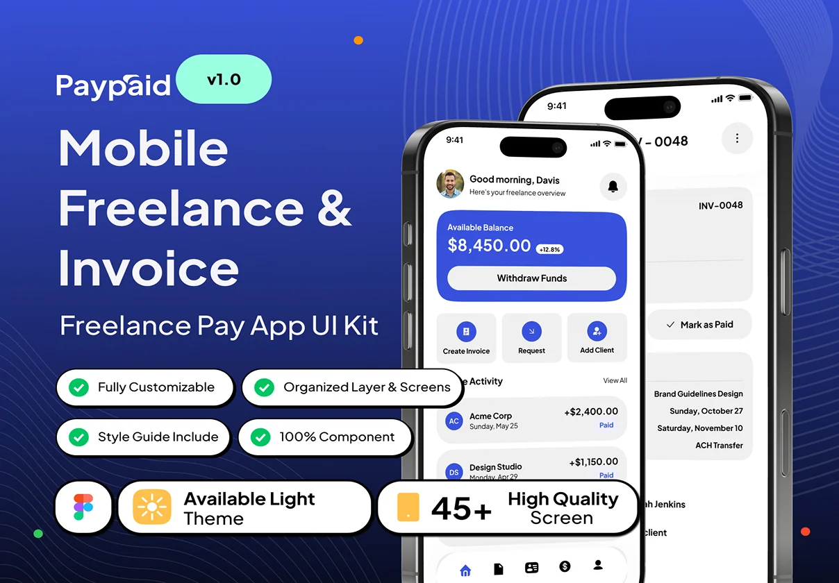 Paypaid – Mobile Freelance & Invoice App UI Kit