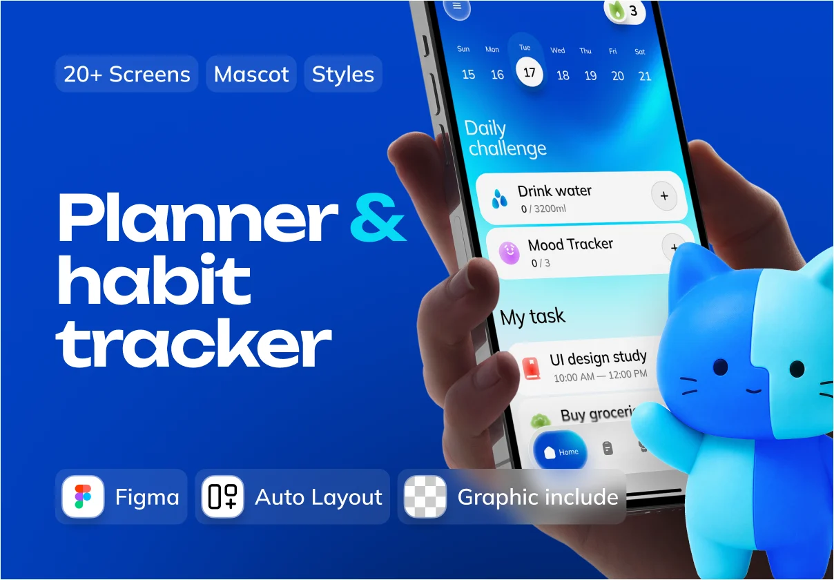 Planner & Habit Tracker Mobile App Design UI Kit with 3D Mascot