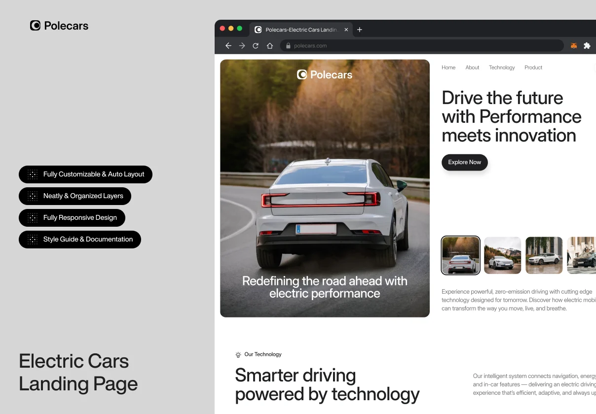 Polecars — Electric Vehicle Landing Page UI Kit