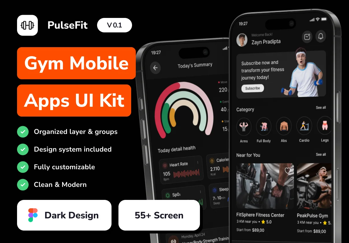 PulseFit - Gym Mobile App UI Kit