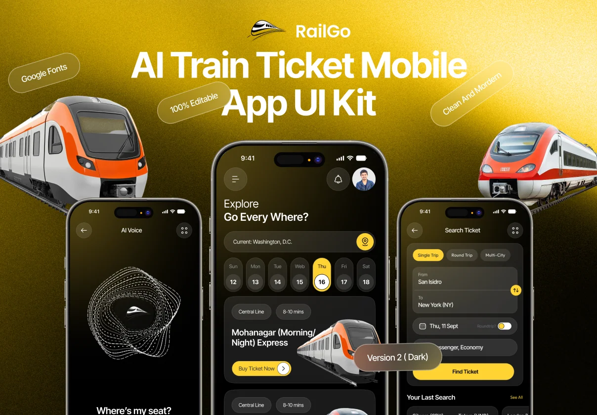 RailGo - AI Train Ticket Mobile App UI Kit V2 ( Dark )