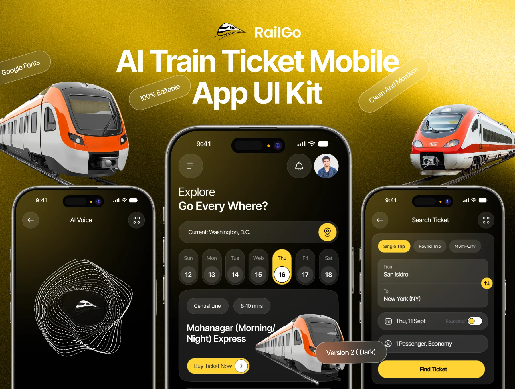 RailGo - AI Train Ticket Mobile App UI Kit V2 ( Dark )