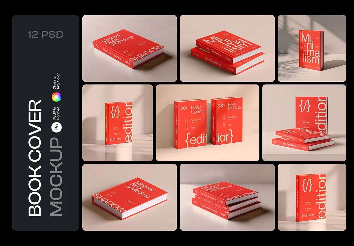 Realistic Hard Book Cover Mockup Set - 12 Scene