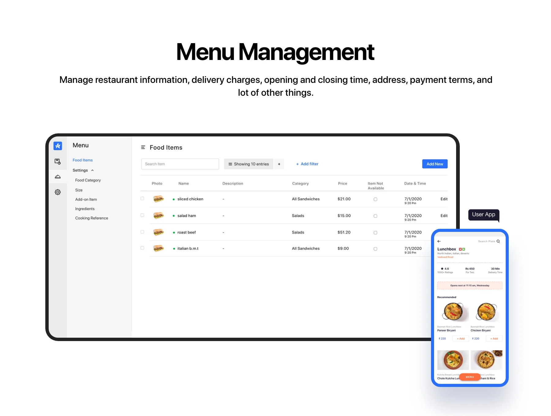 Food delivery restaurant dashboard