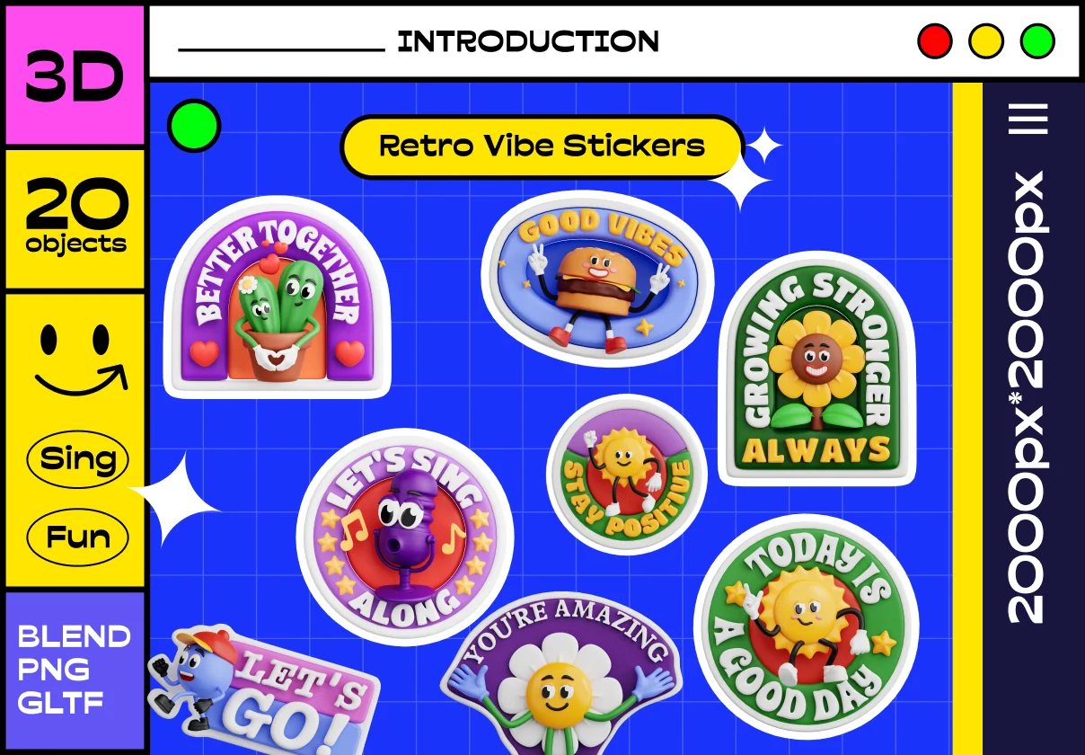 Retro Vibe Stickers 3D Icon Set