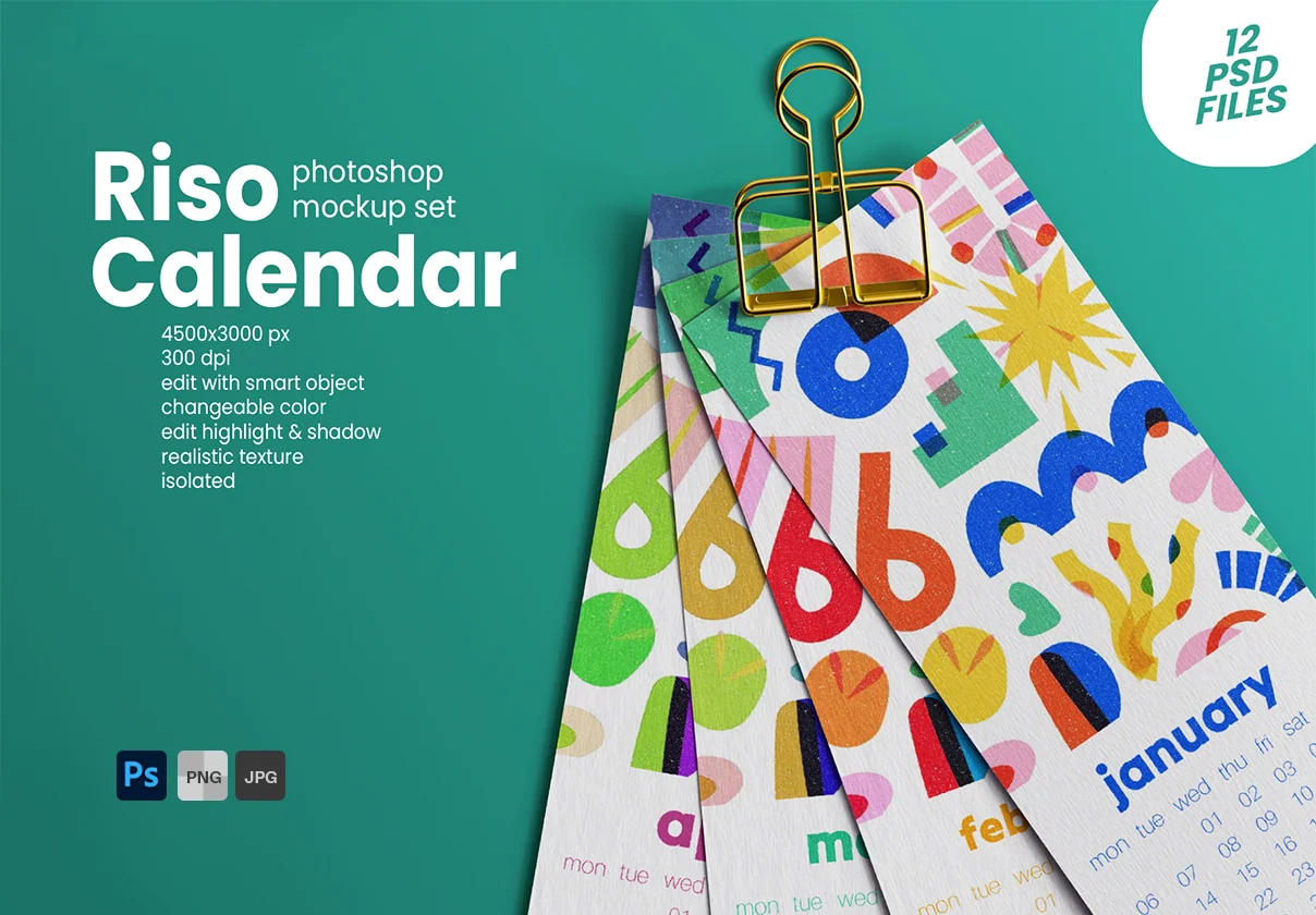 Risograph Print Paper Calendar PSD Mockup Set