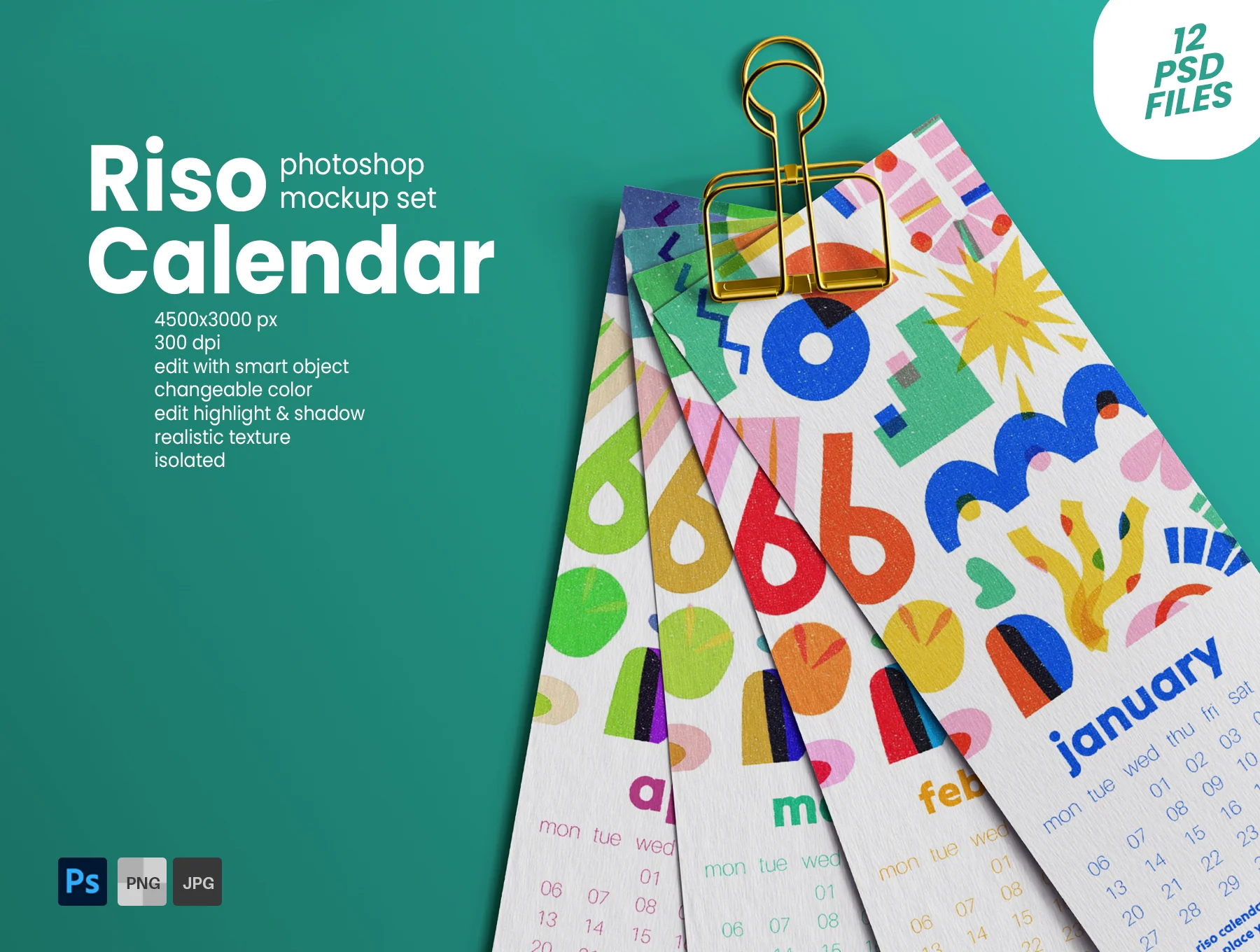 Risograph Print Paper Calendar PSD Mockup Set