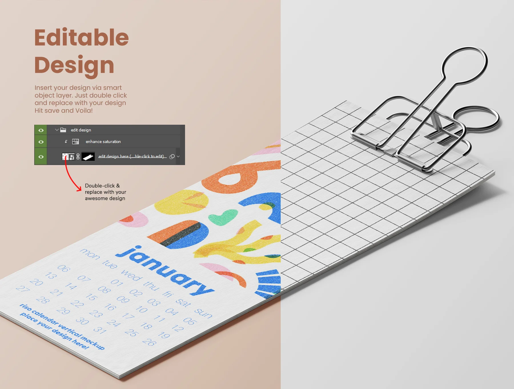 Risograph Print Paper Calendar PSD Mockup Set 4