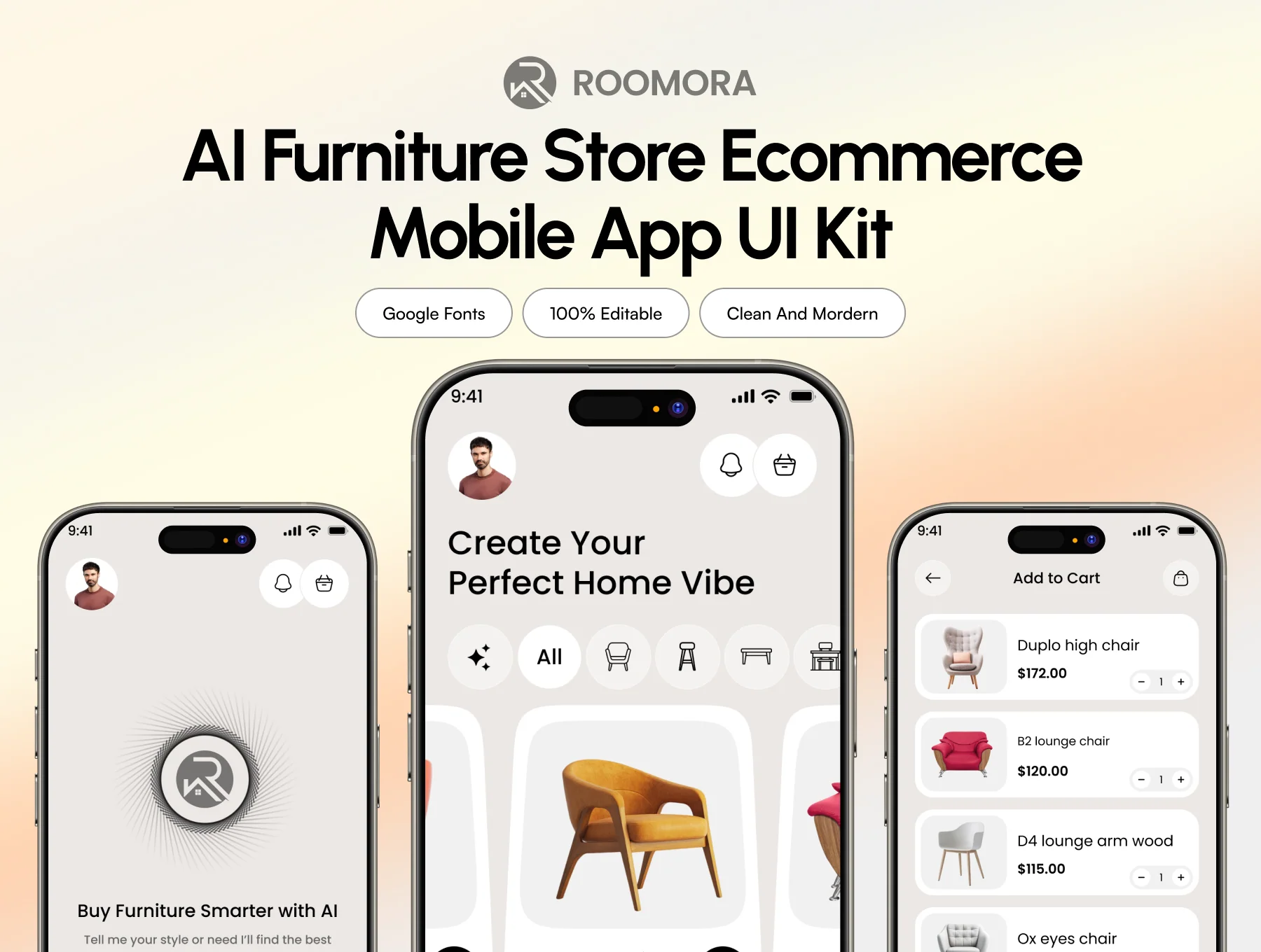 Roomora - AI Furniture Store Ecommerce Mobile App UI Kit