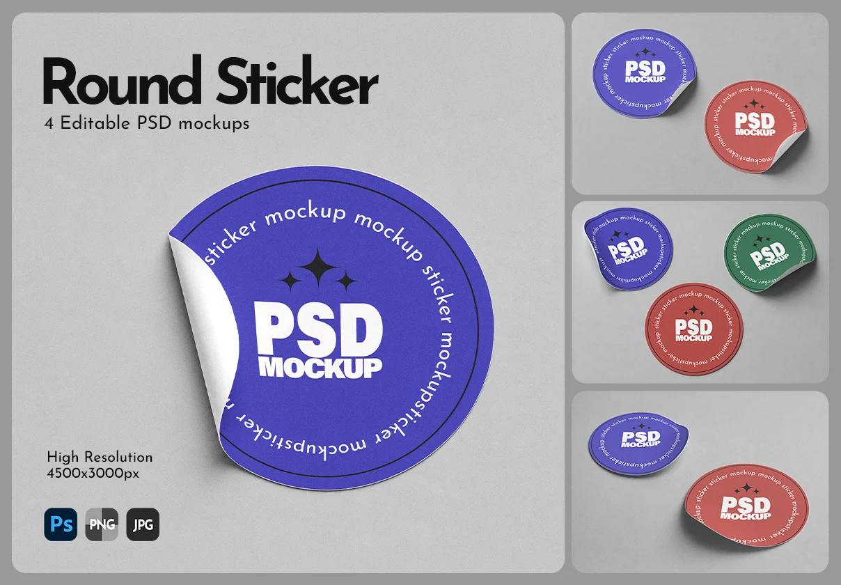 Round Sticker Mockup – 4 Editable PSD Scenes