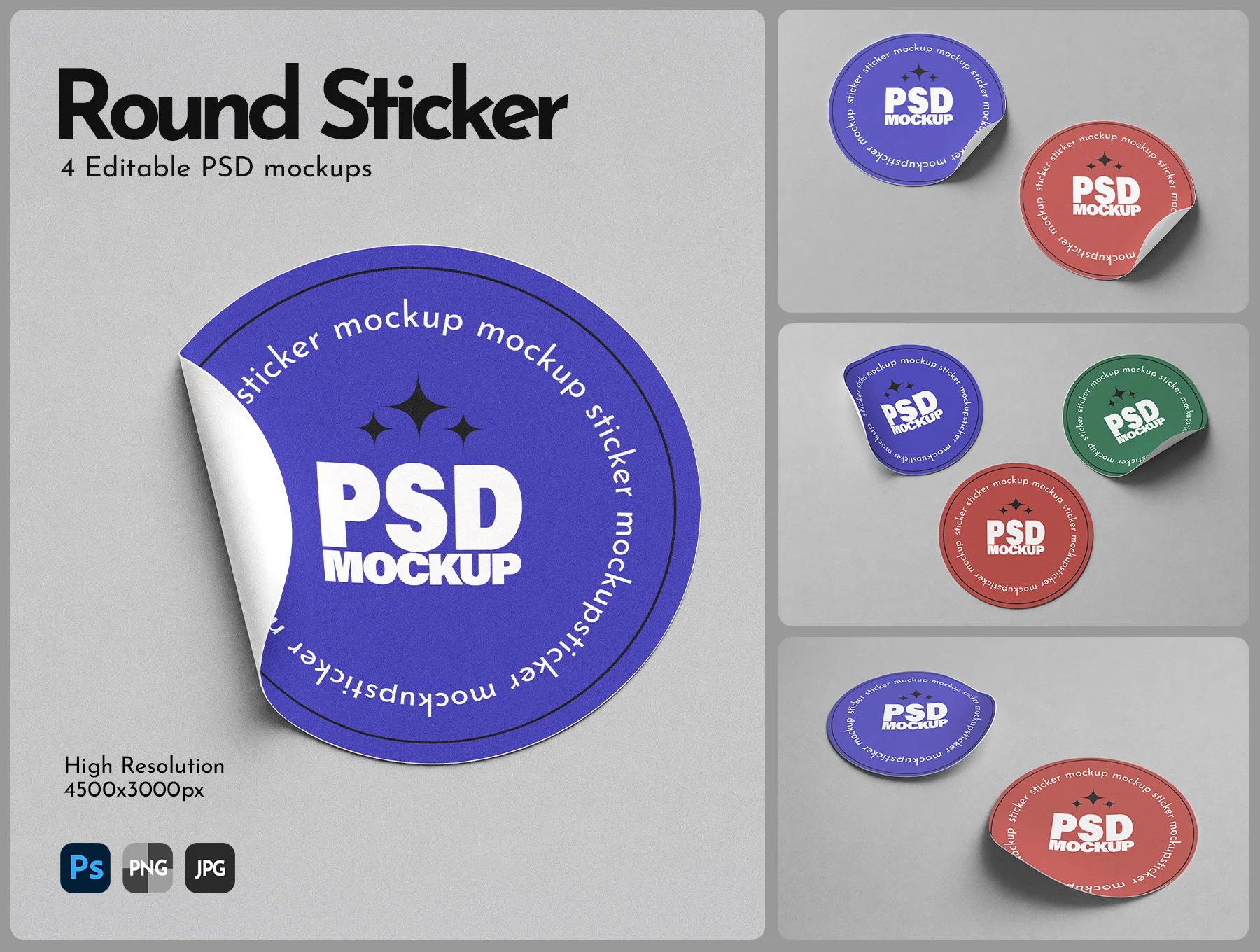 Round Sticker Mockup – 4 Editable PSD Scenes