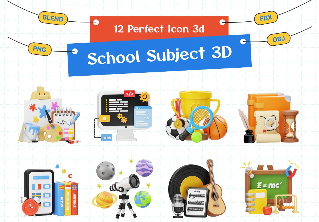 School Subject 3D Icon Set