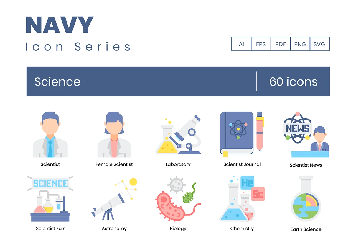 60 Science Icons | Navy Series