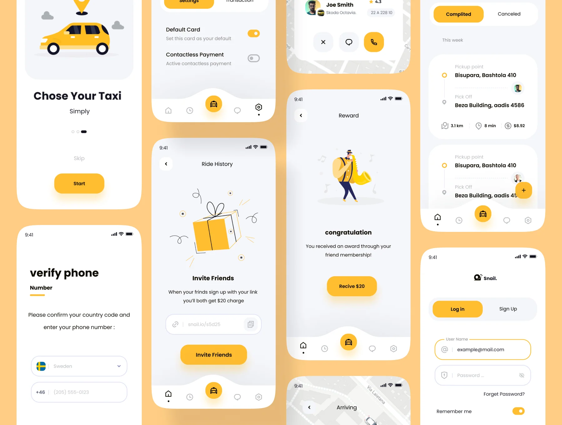Snail Taxi booking app UI Kit 5