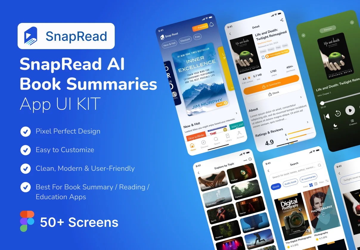 SnapRead AI – Book Summaries App UI Kit for Figma (Education & Productivity)