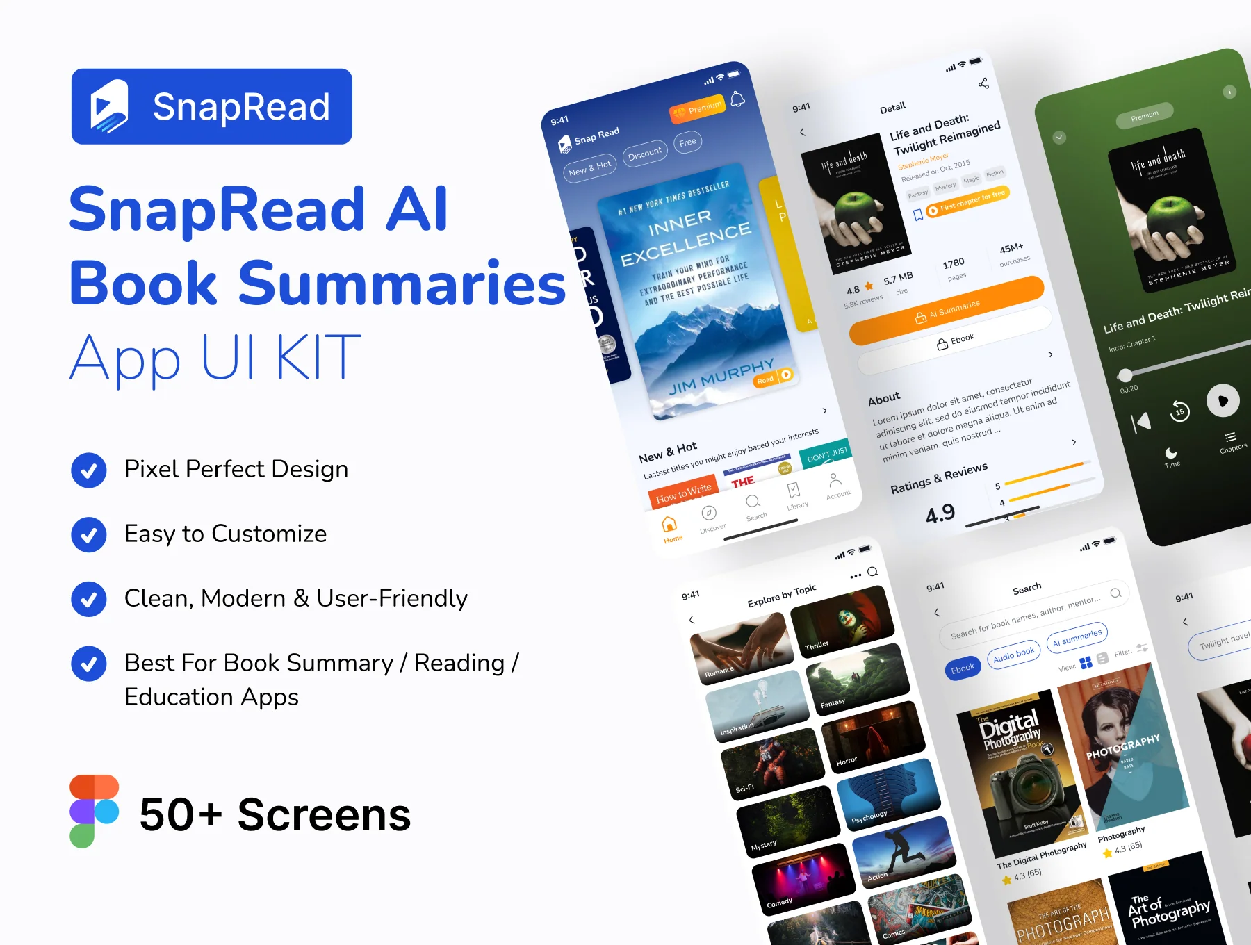 SnapRead AI – Book Summaries App UI Kit for Figma (Education & Productivity)